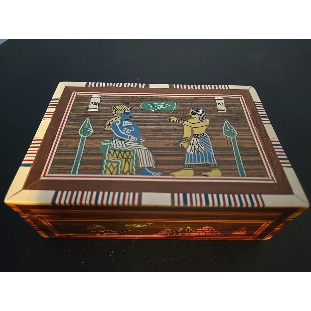 Vintage Hinged Wood‎ Box Mother Of Pearl Carved Egyptian theme 2